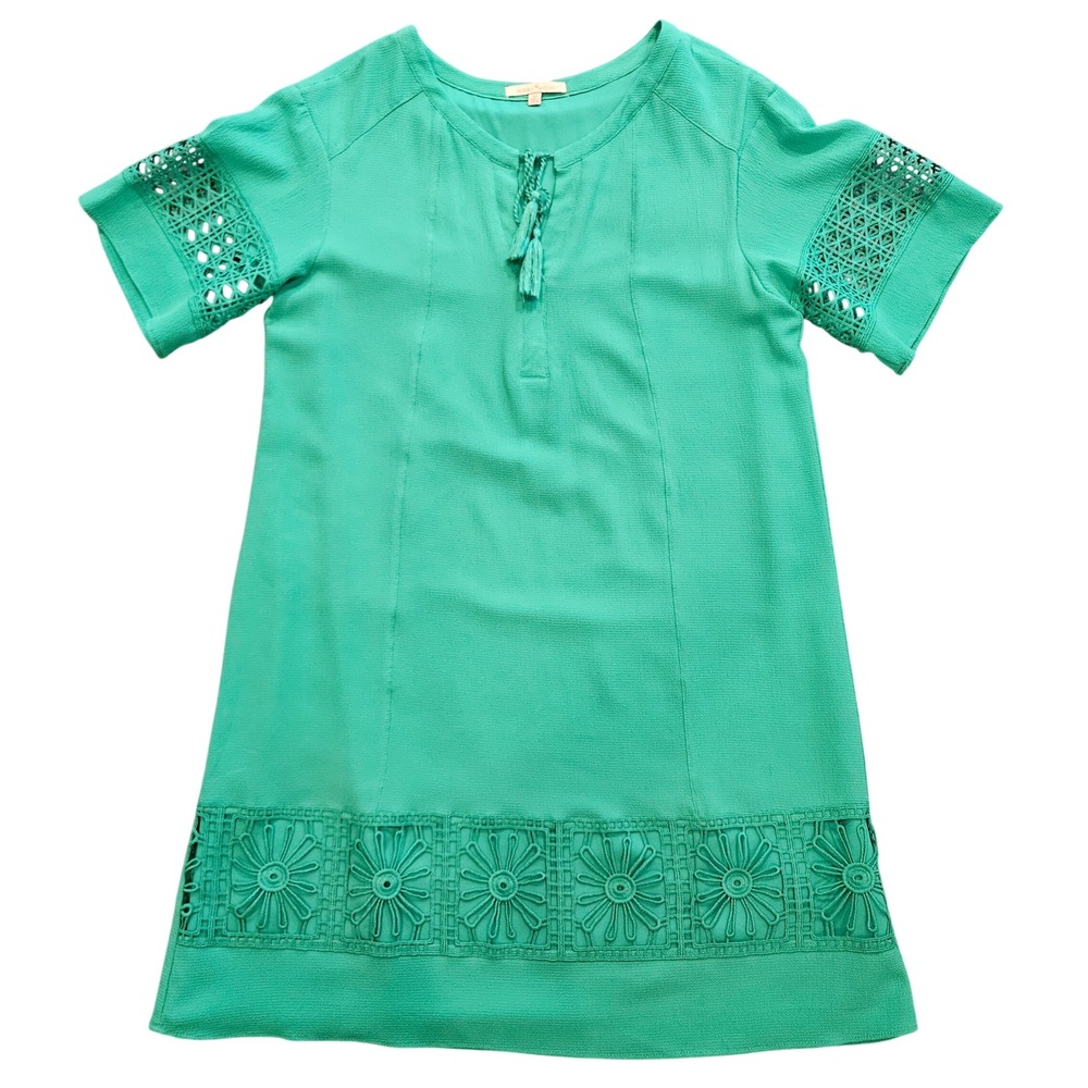 Gibson Latimer Green Crochet Lace Shift Dress Tassel Tie Womens Medium Boho